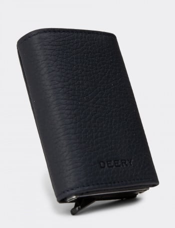 Hakiki Deri Lacivert Mekanizmalı Dikey Erkek Cüzdanı