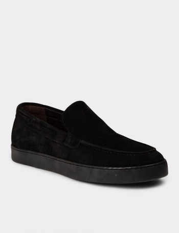 Erkek Hakiki Süet Siyah Loafer Ayakkabı - 01993MSYHC01