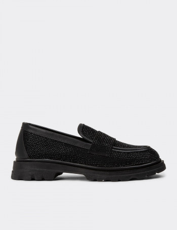 Kadın Siyah Taşlı Loafer Ayakkabı