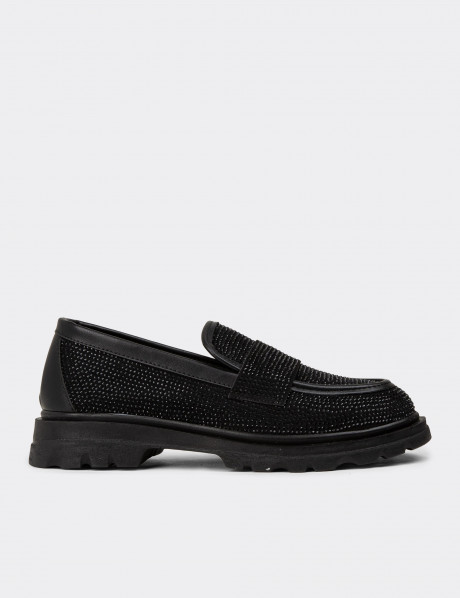 Kadın Siyah Taşlı Loafer Ayakkabı