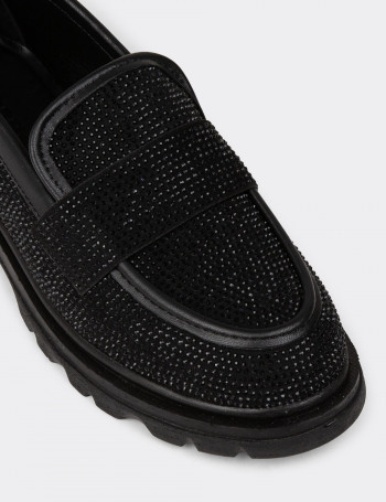 Kadın Siyah Taşlı Loafer Ayakkabı - KA515ZSYHE01