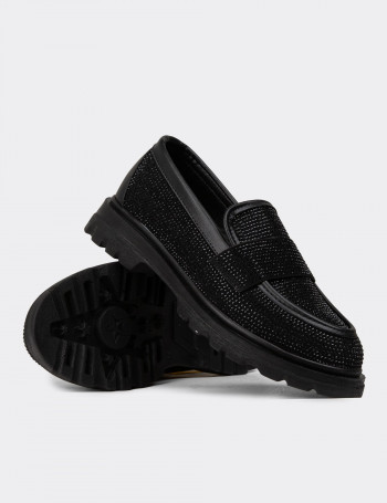 Kadın Siyah Taşlı Loafer Ayakkabı - KA515ZSYHE01