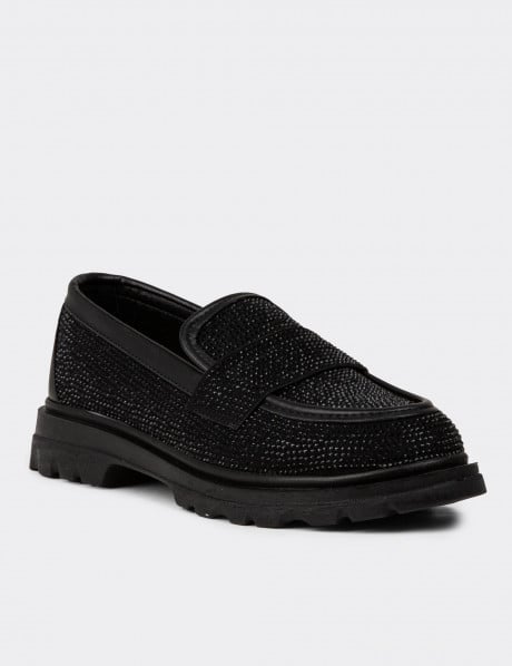 Kadın Siyah Taşlı Loafer Ayakkabı