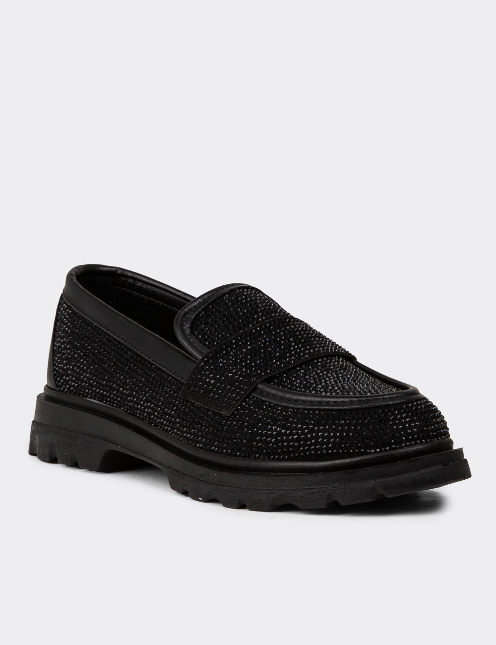 Kadın Siyah Taşlı Loafer Ayakkabı - KA515ZSYHE01