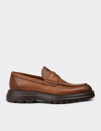 Erkek Hakiki Deri Taba Renk Kalın Taban Loafer - 02006MTBAE01