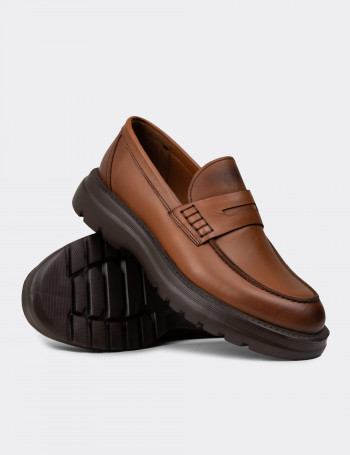Erkek Hakiki Deri Taba Renk Kalın Taban Loafer - 02006MTBAE01