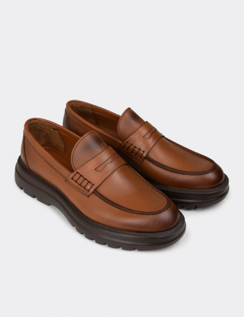 Erkek Hakiki Deri Taba Renk Kalın Taban Loafer - 02006MTBAE01