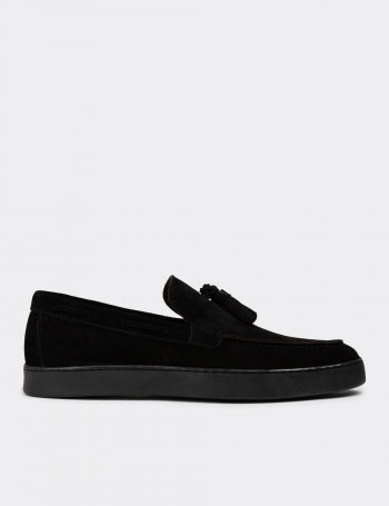 Erkek Hakiki Süet Siyah Püskül Detaylı Loafer - 01994MSYHC01