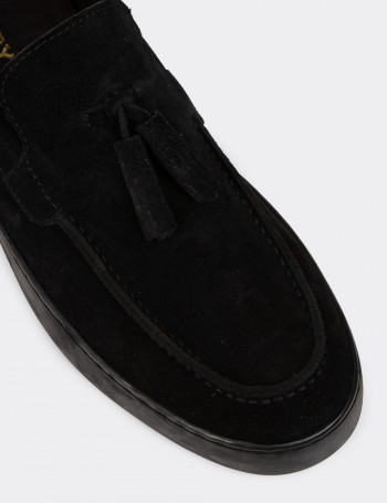 Erkek Hakiki Süet Siyah Püskül Detaylı Loafer - 01994MSYHC01