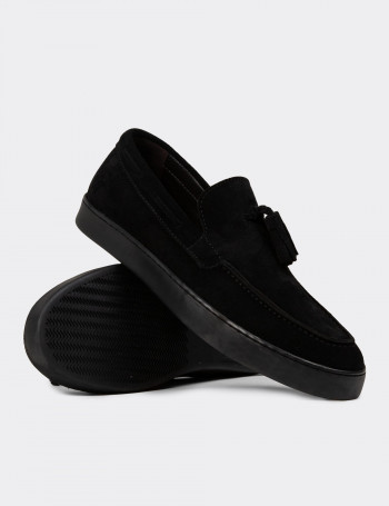 Erkek Hakiki Süet Siyah Püskül Detaylı Loafer - 01994MSYHC01