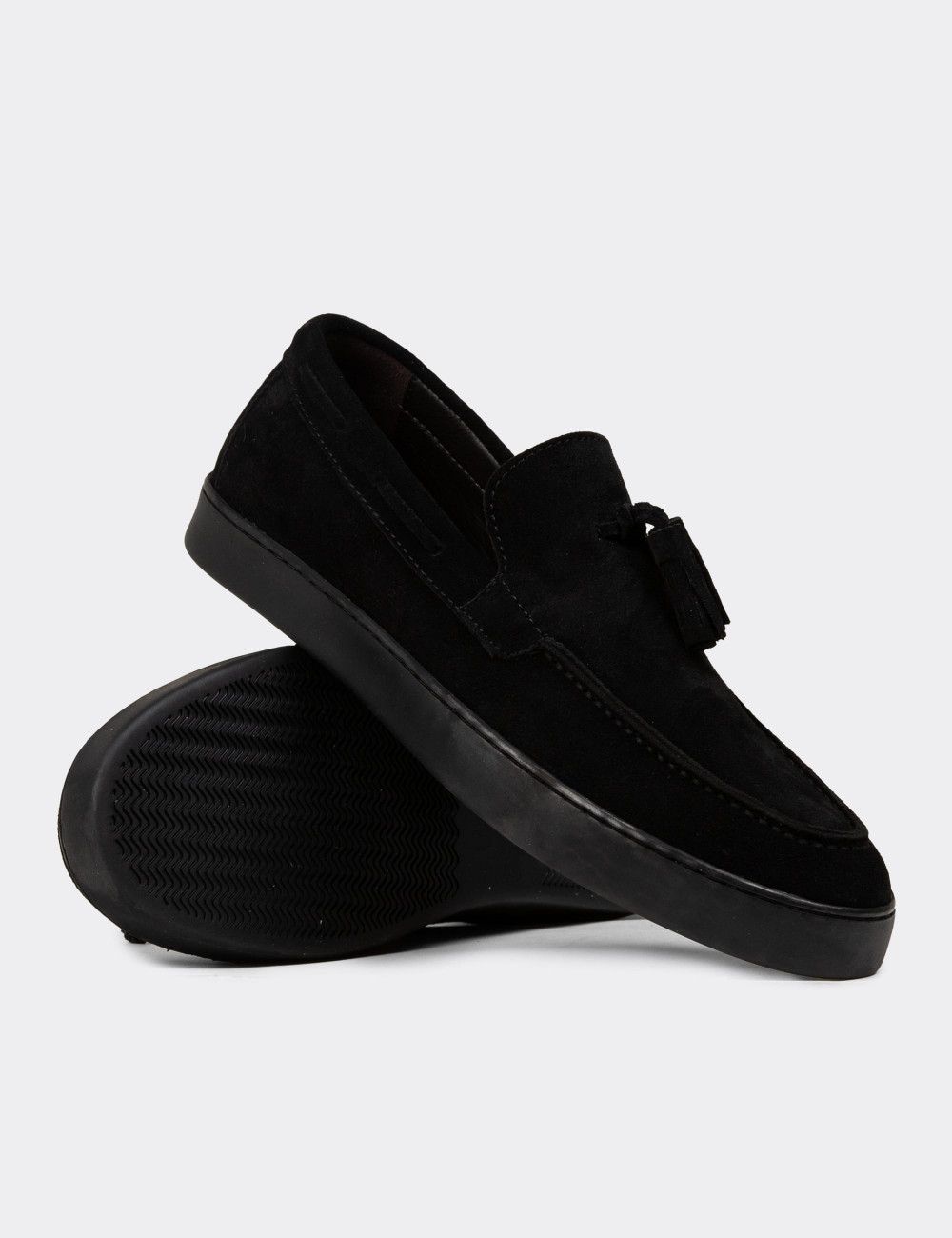Erkek Hakiki Süet Siyah Püskül Detaylı Loafer - 01994MSYHC01