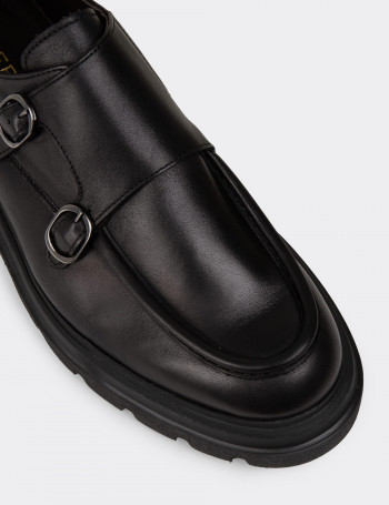 Erkek Hakiki Deri Siyah Çift Tokalı Günlük Ayakkabı - 02008MSYHE01