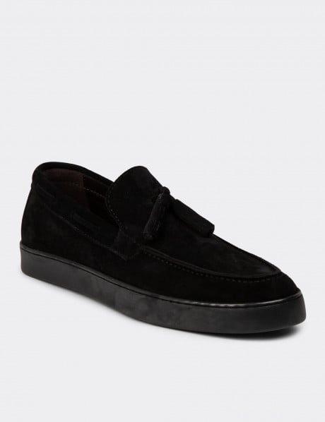Erkek Hakiki Süet Siyah Püskül Detaylı Loafer