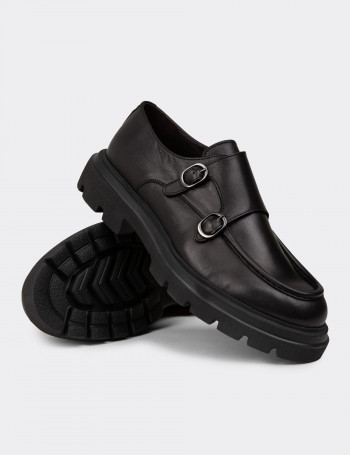 Erkek Hakiki Deri Siyah Çift Tokalı Günlük Ayakkabı - 02008MSYHE01