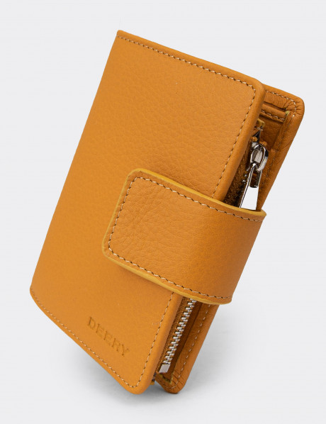Kadın Hakiki Deri Hardal Renk Dikey Cüzdan