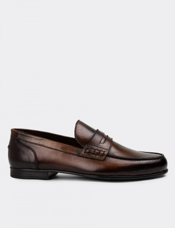 Erkek Vintage Taba Rengi Hakiki Deri Loafer