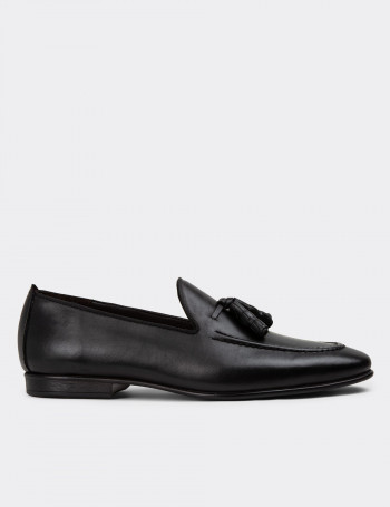 Erkek Hakiki Deri Siyah Püsküllü Loafer