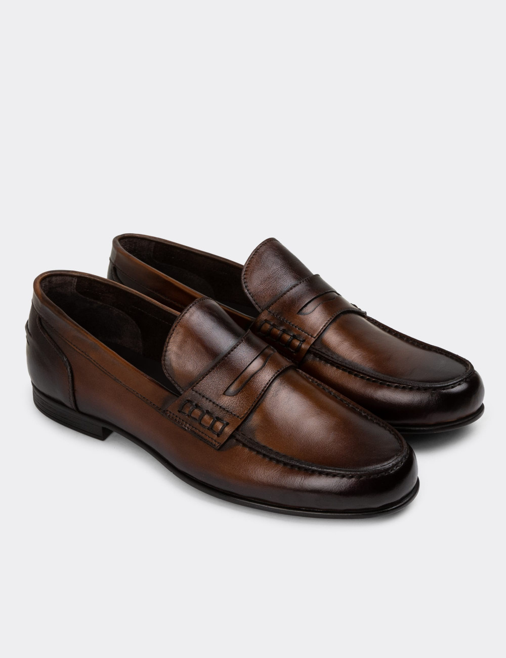 Erkek Vintage Taba Rengi Hakiki Deri Loafer - 01978MTBAC01