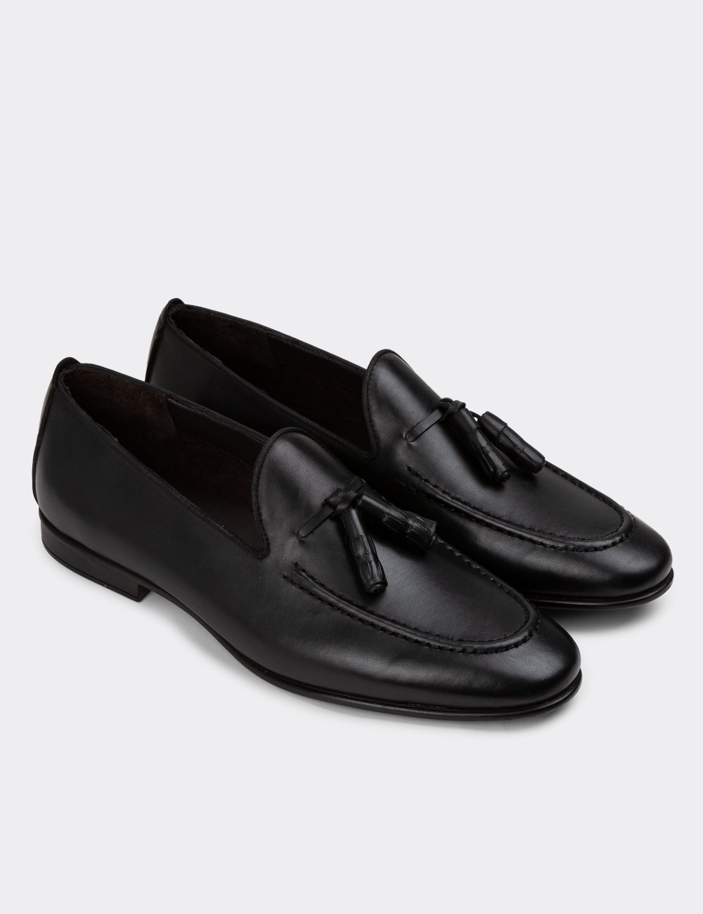 Erkek Hakiki Deri Siyah Püsküllü Loafer - 01701MSYHC46