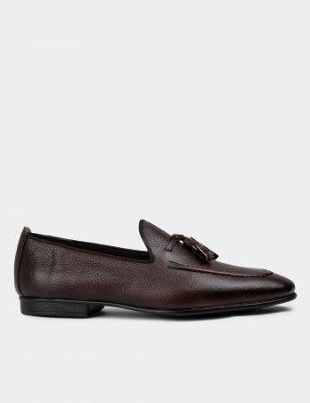 Erkek Hakiki Deri Kahverengi Püsküllü Loafer - 01701MKHVC40