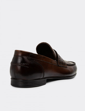 Erkek Vintage Taba Rengi Hakiki Deri Loafer - 01978MTBAC01