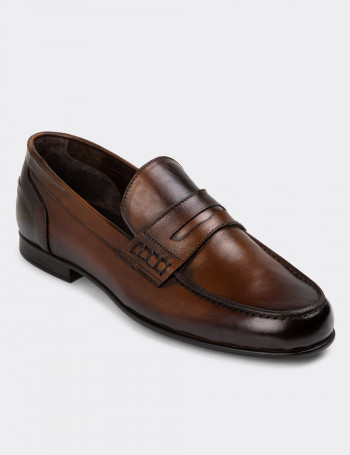 Erkek Vintage Taba Rengi Hakiki Deri Loafer