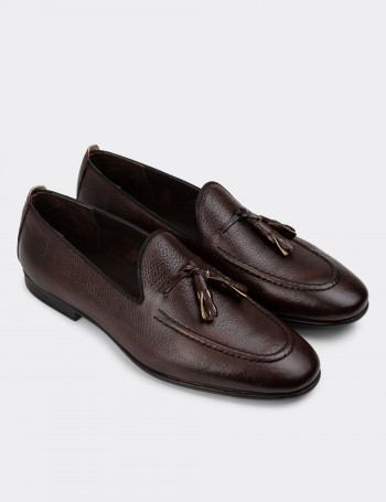 Erkek Hakiki Deri Kahverengi Püsküllü Loafer - 01701MKHVC40
