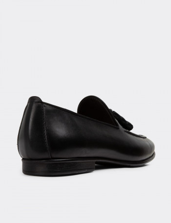 Erkek Hakiki Deri Siyah Püsküllü Loafer - 01701MSYHC46