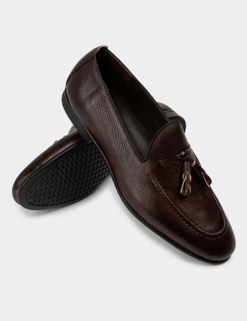Erkek Hakiki Deri Kahverengi Püsküllü Loafer - 01701MKHVC40
