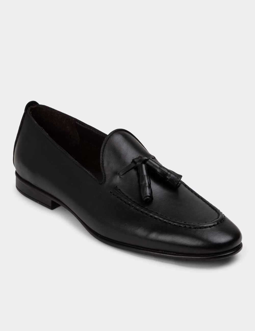 Erkek Hakiki Deri Siyah Püsküllü Loafer - 01701MSYHC46