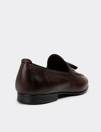 Erkek Hakiki Deri Kahverengi Püsküllü Loafer - 01701MKHVC40