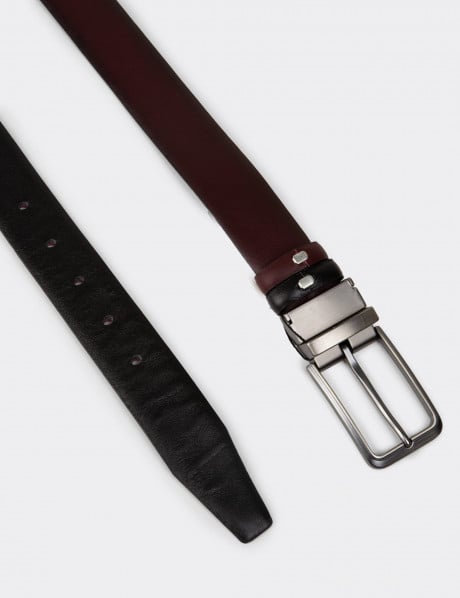 Hakiki Deri Bordo - Siyah Çift Taraflı Erkek Kemer