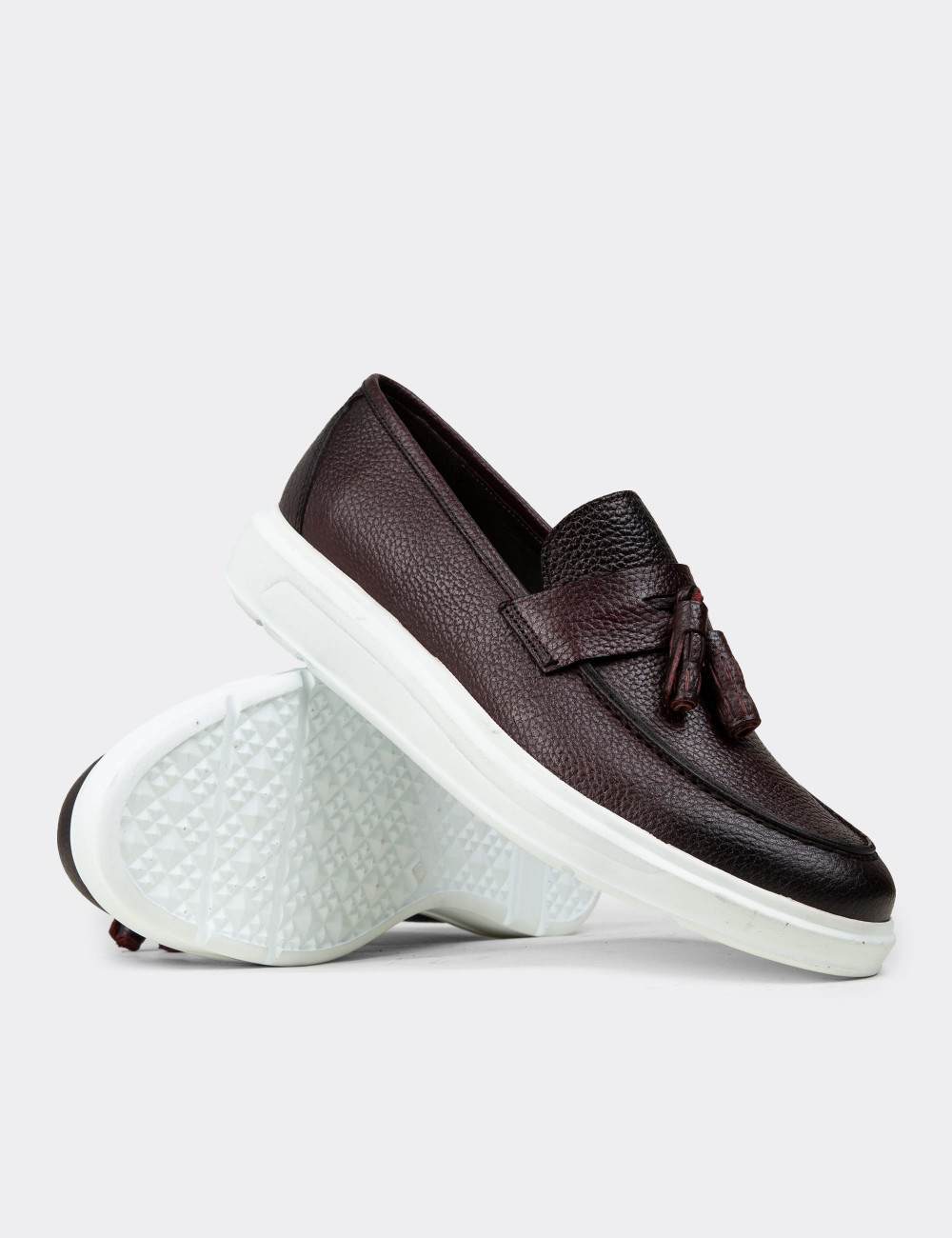 Hakiki Deri Bordo Püsküllü Erkek Loafer - 01587MBRDP02