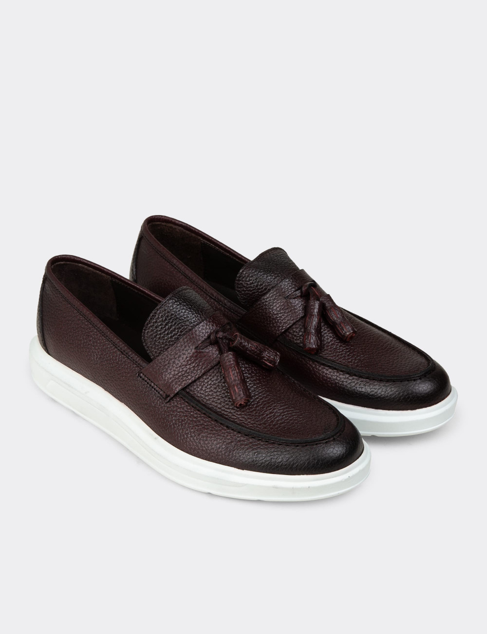 Hakiki Deri Bordo Püsküllü Erkek Loafer - 01587MBRDP02