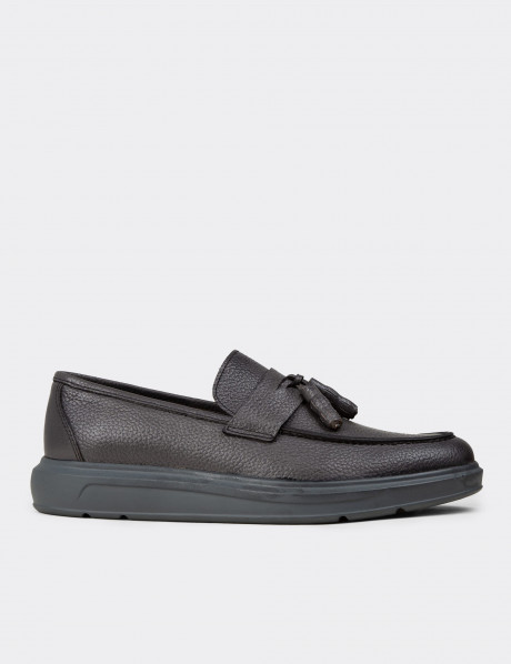 Hakiki Deri Gri Püsküllü Comfort Erkek Loafer