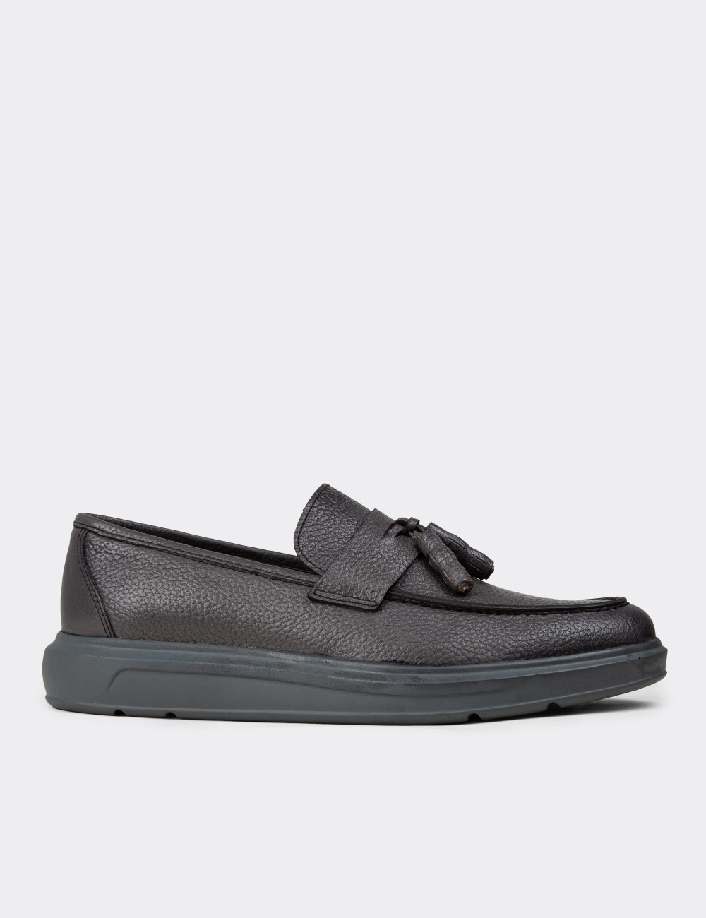 Hakiki Deri Gri Püsküllü Comfort Erkek Loafer - 01587MGRIP04