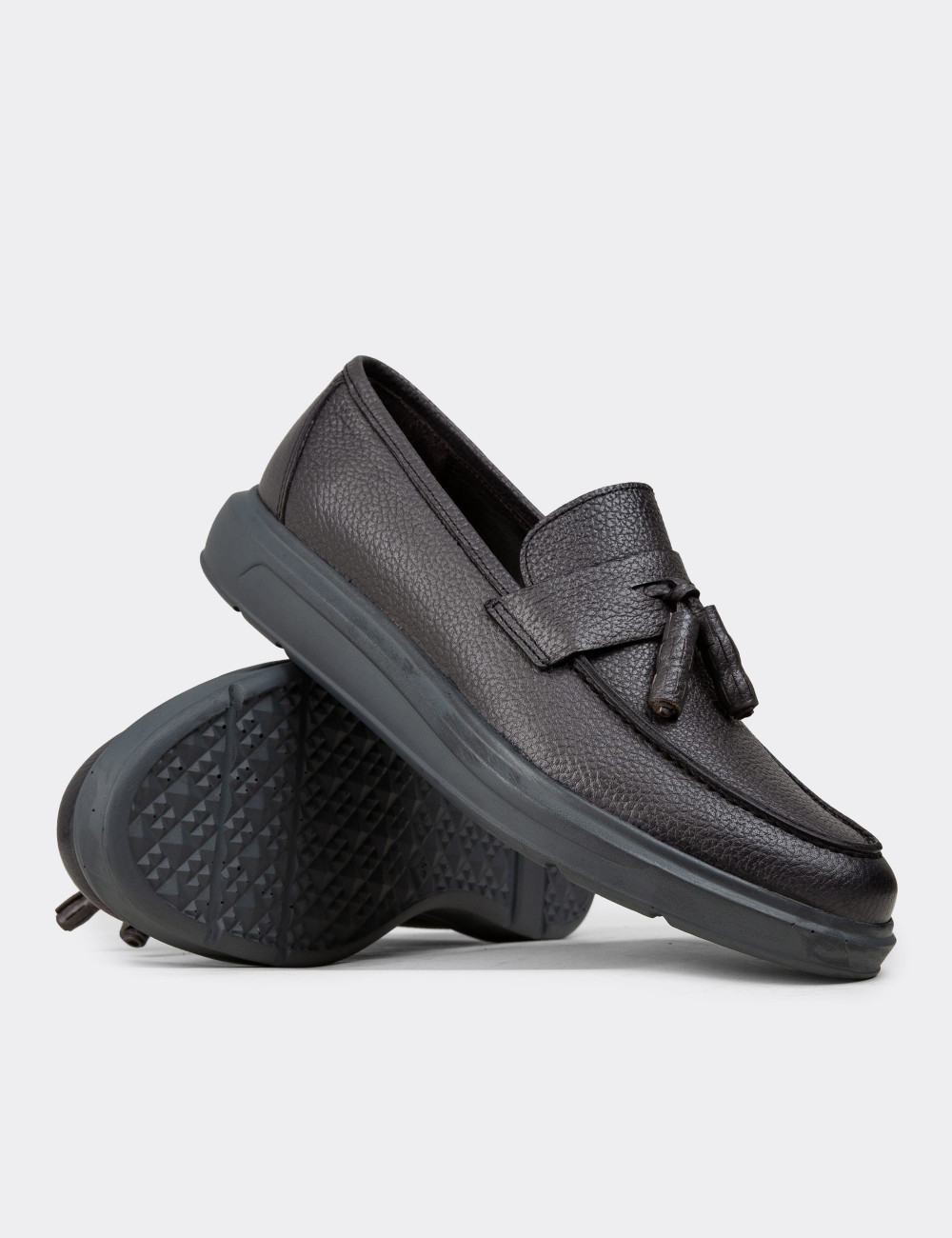 Hakiki Deri Gri Püsküllü Comfort Erkek Loafer - 01587MGRIP04