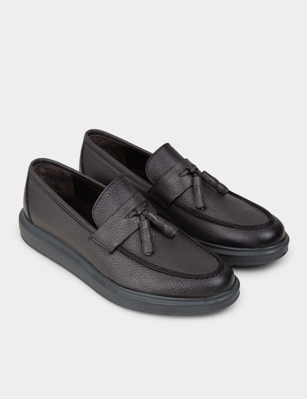 Hakiki Deri Gri Püsküllü Comfort Erkek Loafer - 01587MGRIP04