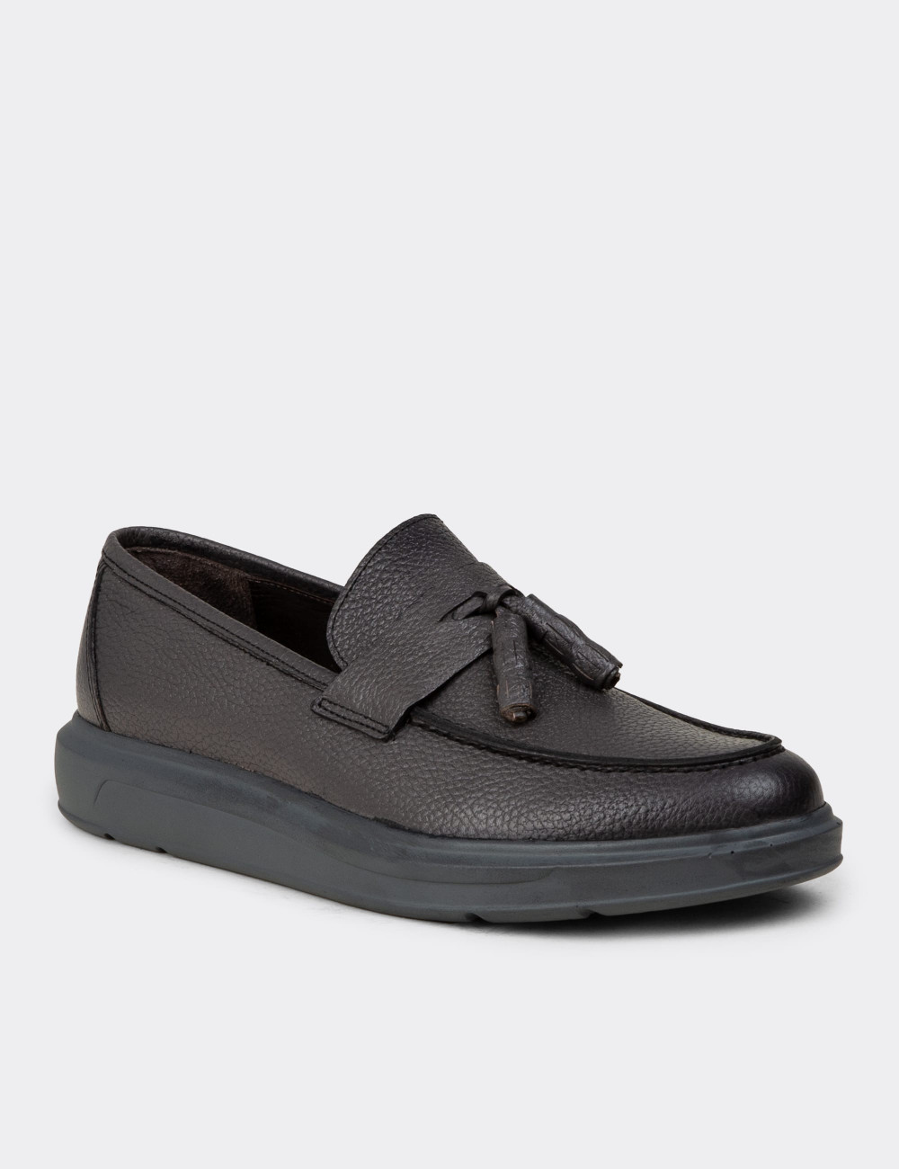 Hakiki Deri Gri Püsküllü Comfort Erkek Loafer - 01587MGRIP04
