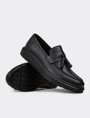 Hakiki Deri Lacivert Püsküllü Erkek Loafer - 01587MLCVP05