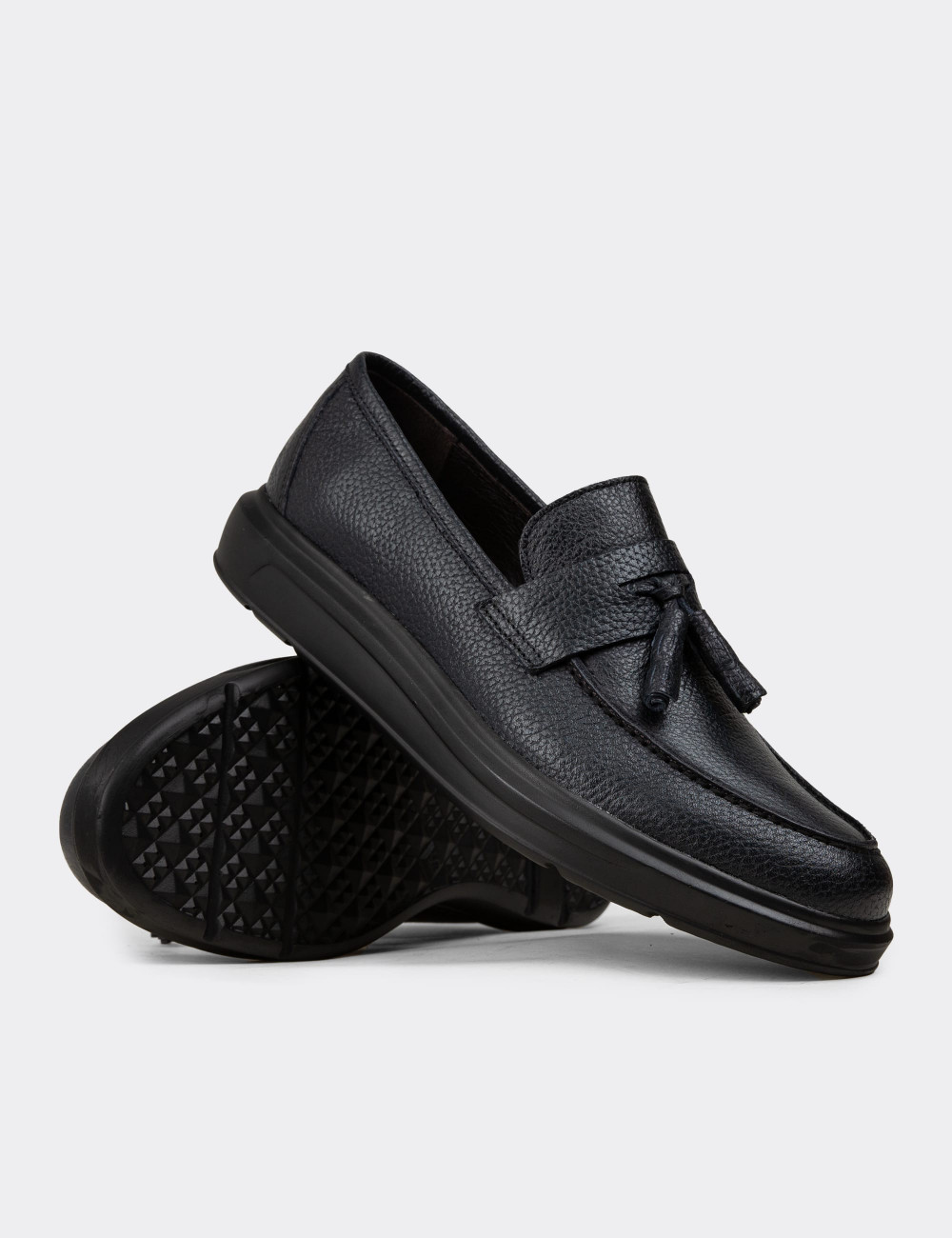 Hakiki Deri Lacivert Püsküllü Erkek Loafer - 01587MLCVP05