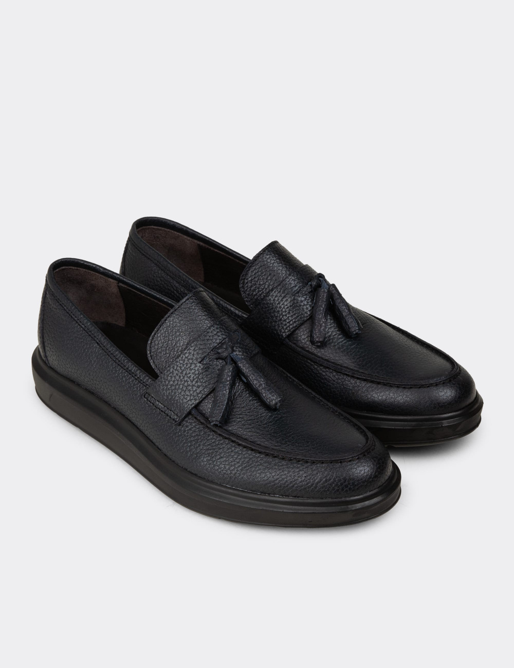 Hakiki Deri Lacivert Püsküllü Erkek Loafer - 01587MLCVP05