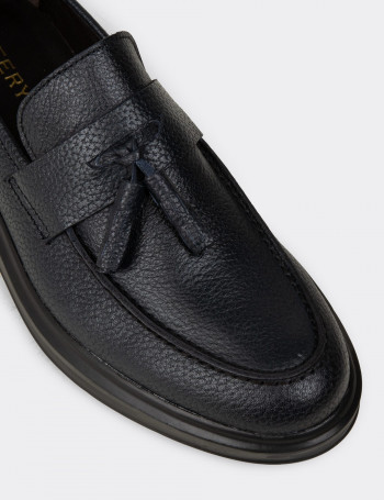 Hakiki Deri Lacivert Püsküllü Erkek Loafer - 01587MLCVP05