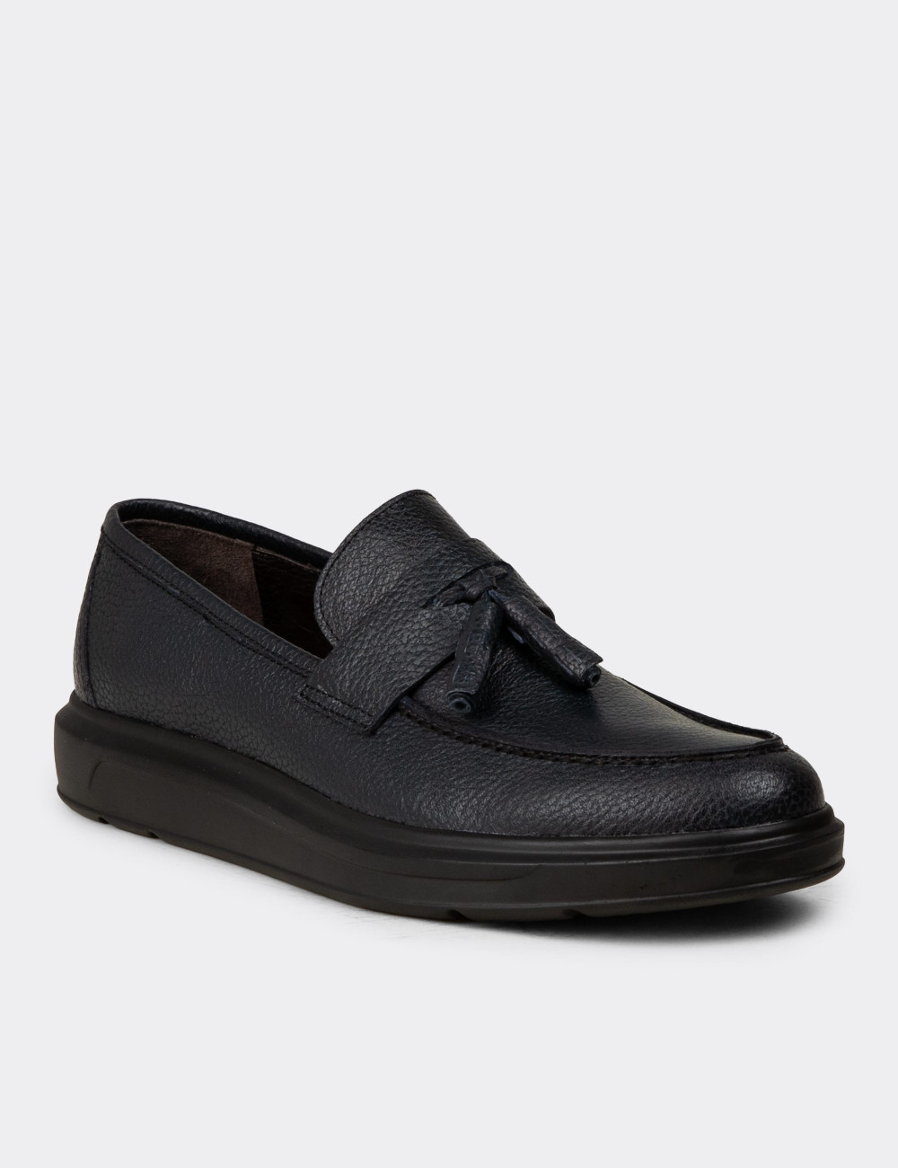 Hakiki Deri Lacivert Püsküllü Erkek Loafer - 01587MLCVP05