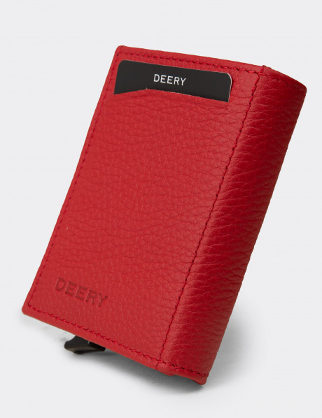 Hakiki Deri Kırmızı Mekanizmalı Dikey Erkek Cüzdanı