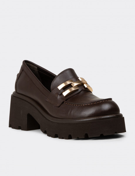 Kadın Hakiki Deri Kahverengi Topuklu Makosen