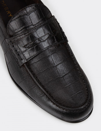Erkek Kahverengi Hakiki Deri Kroko Vintage Loafer - 01978MKHVC12