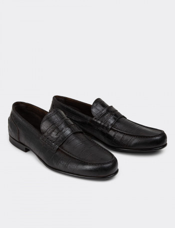 Erkek Kahverengi Hakiki Deri Kroko Vintage Loafer - 01978MKHVC12