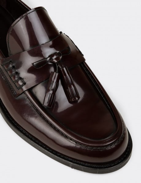 Erkek Bordo Hakiki Deri Püsküllü Makosen