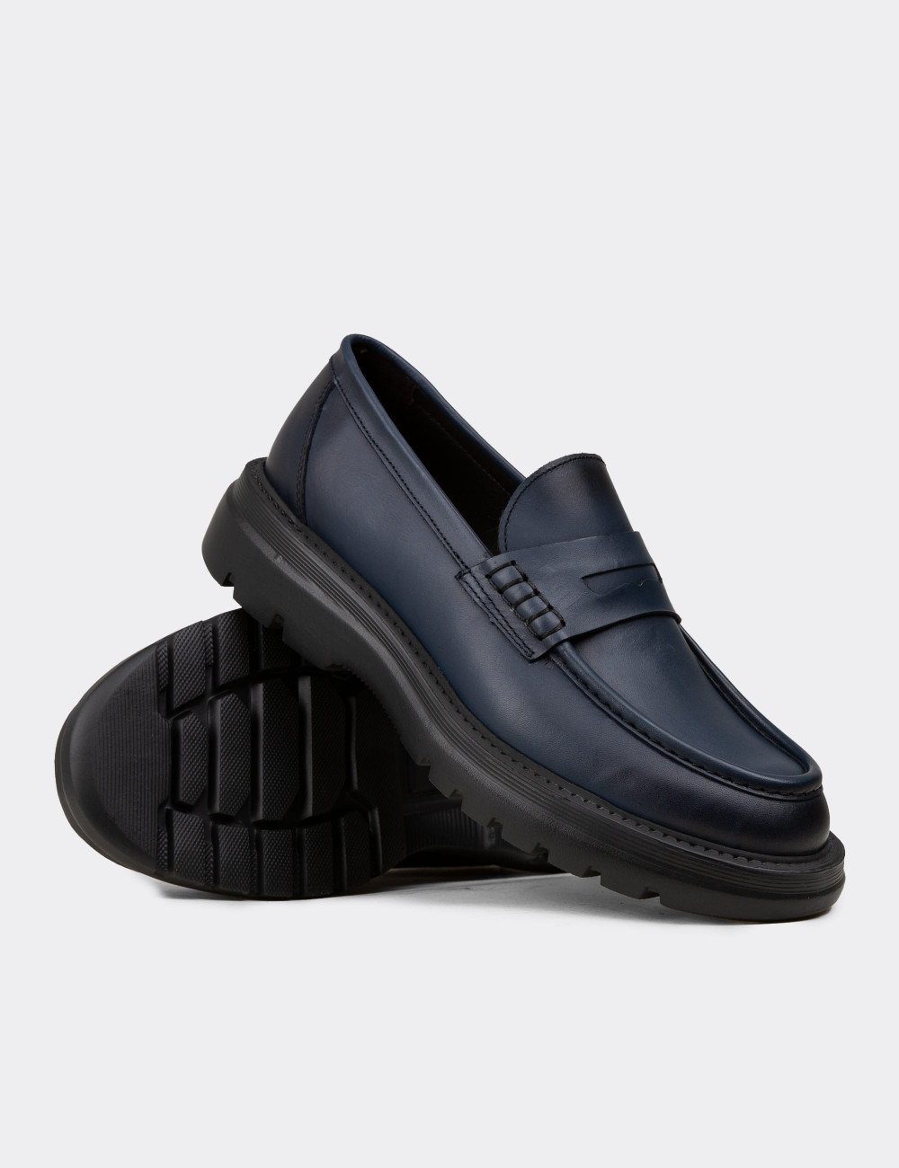 Erkek Mavi Hakiki Deri Loafer Ayakkabı - 02006MMVIE01